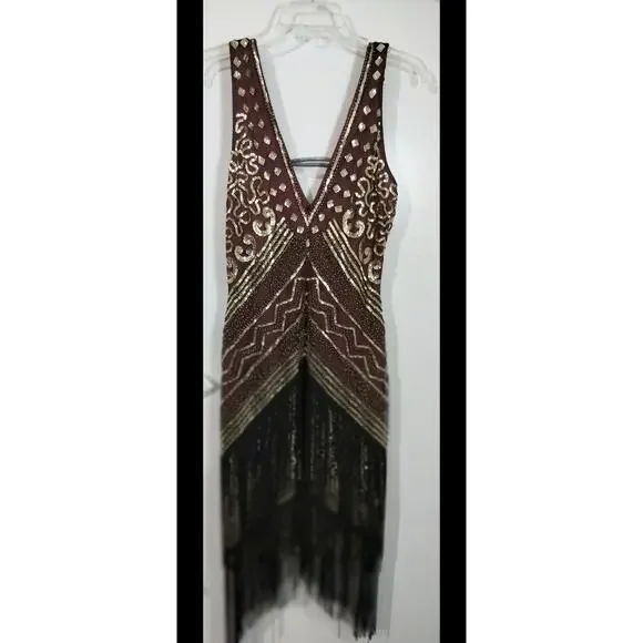 3792) Babeyond 1920 Flapper V neck Sequins Fringe Dress Large - Picture 2 of 9